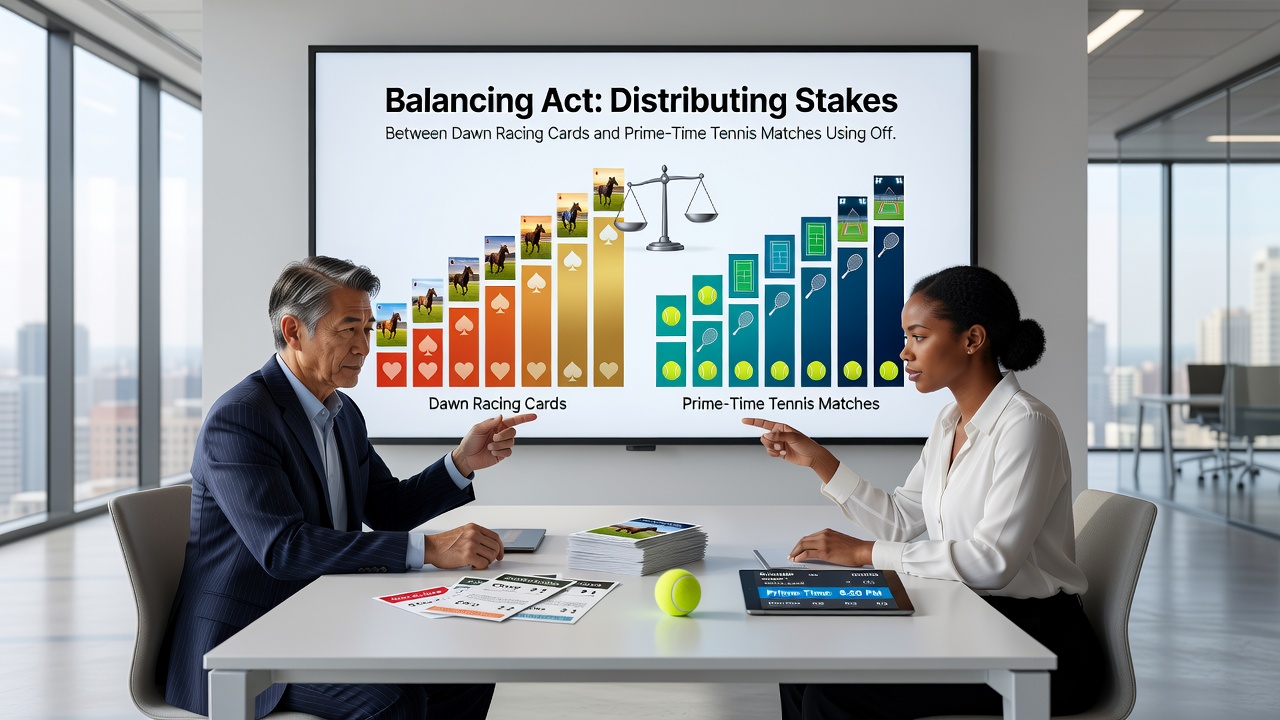 Digital interface displaying stake distribution between dawn horse racing and evening tennis events with active promotional banners