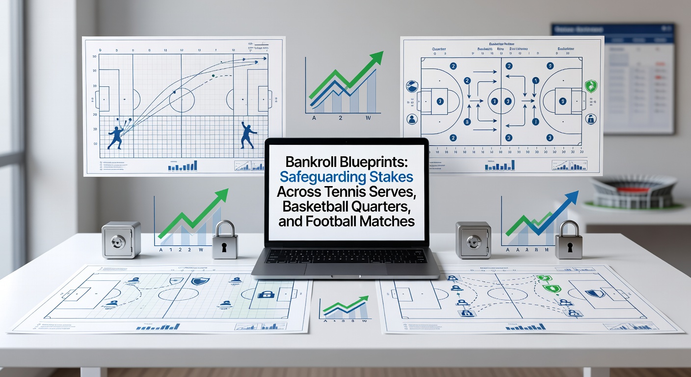 Tennis player serving on clay court during a high-stakes match, with basketball court and football pitch blurred in background to symbolize cross-sport bankroll strategies