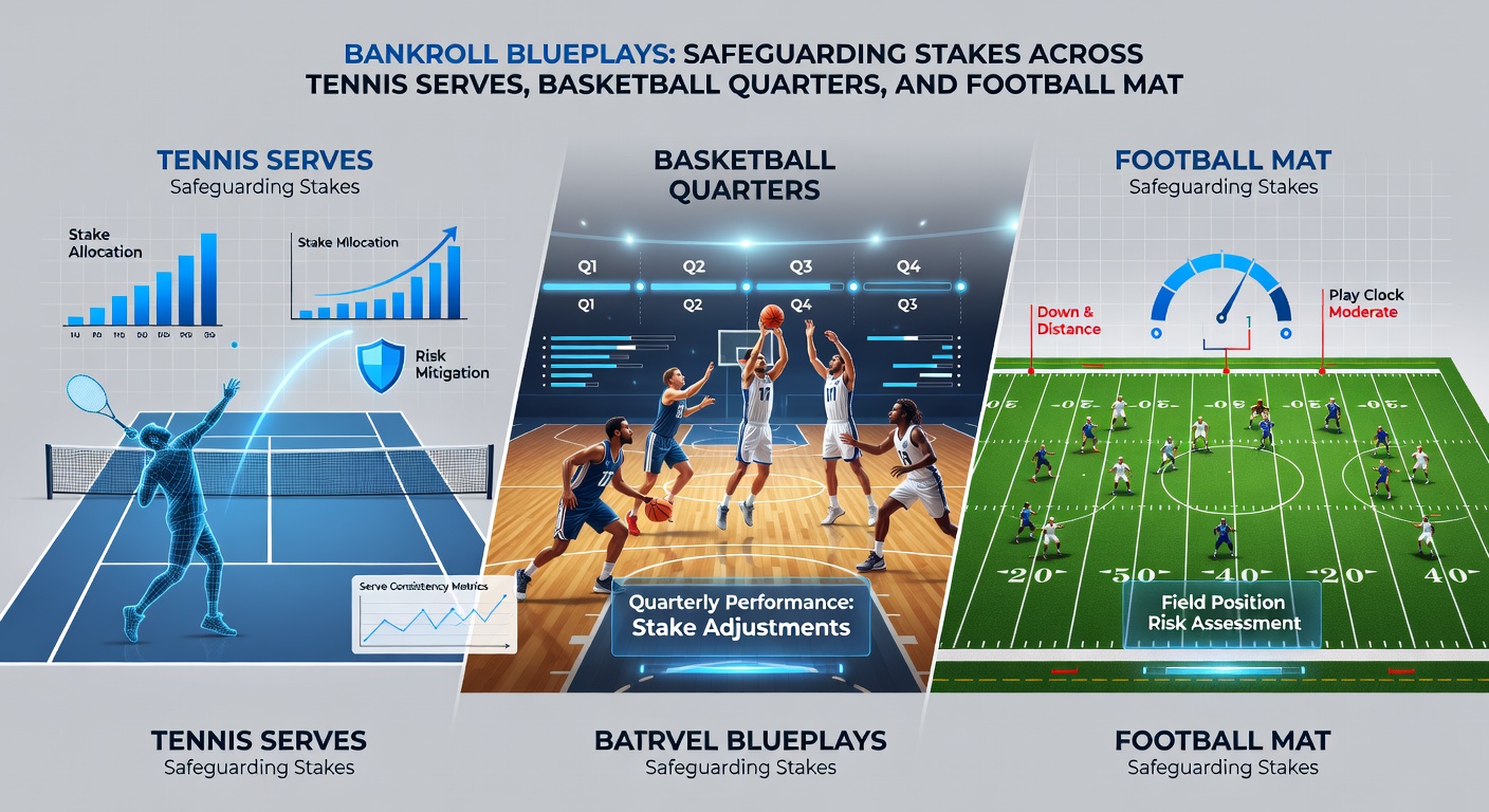 Basketball player driving to the hoop in a tense NBA playoff quarter, overlaid with tennis racket and football ball to represent integrated bankroll safeguarding