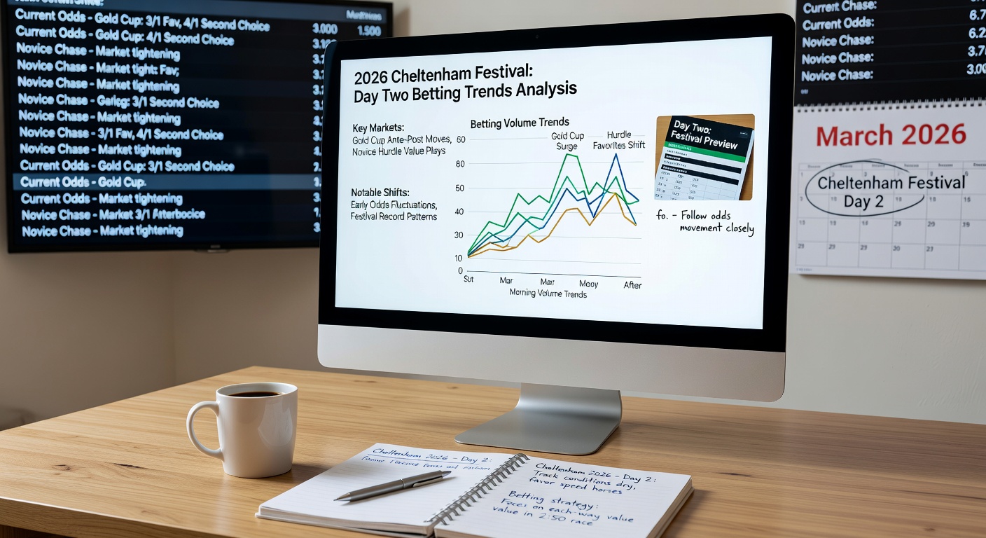Close-up of horses charging towards the finish in a novice hurdle race at Cheltenham, mist rising from the turf
