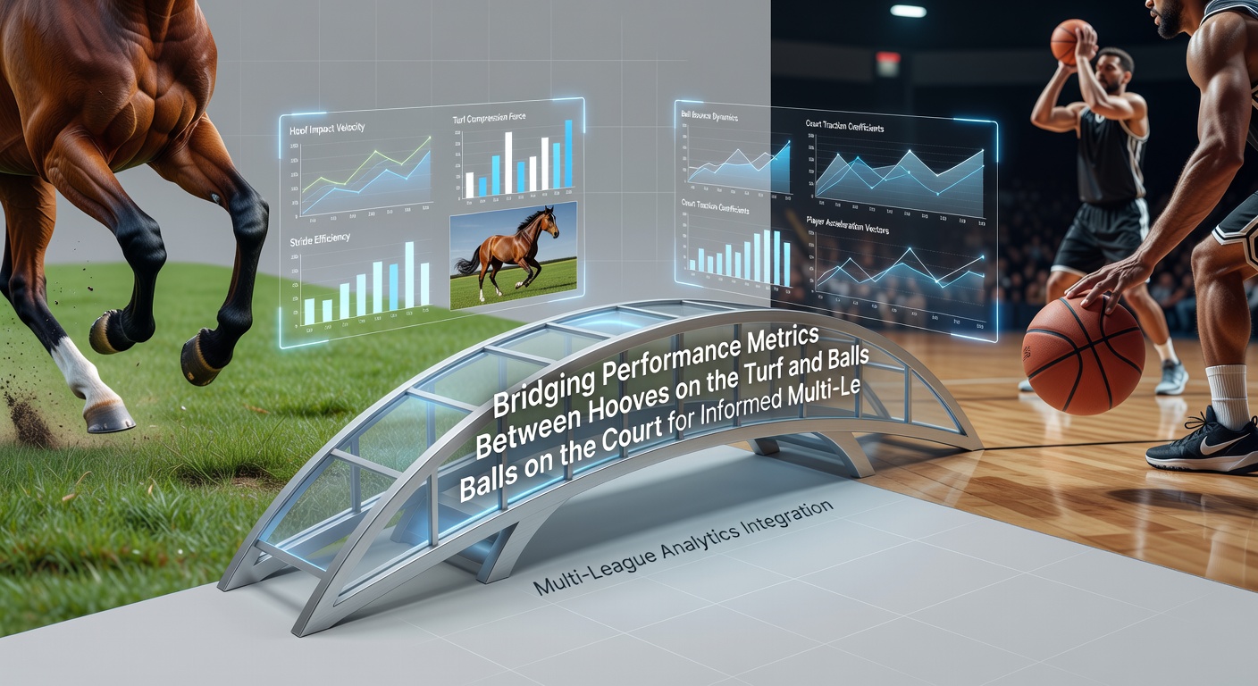 Split screen showing a horse racing finish line alongside a basketball arena with overlaid performance metric graphs
