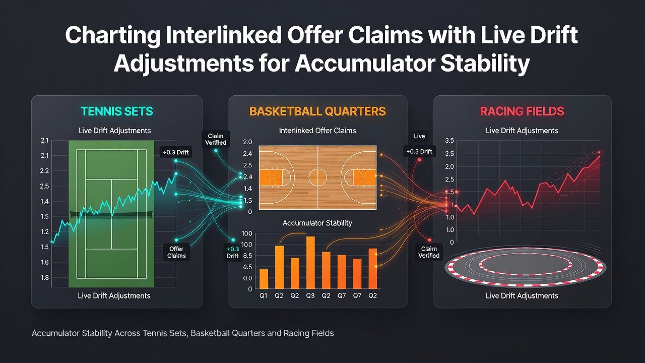 Chart displaying interlinked offer claims overlaid on live odds drift tracking across tennis sets, basketball quarters, and racing fields