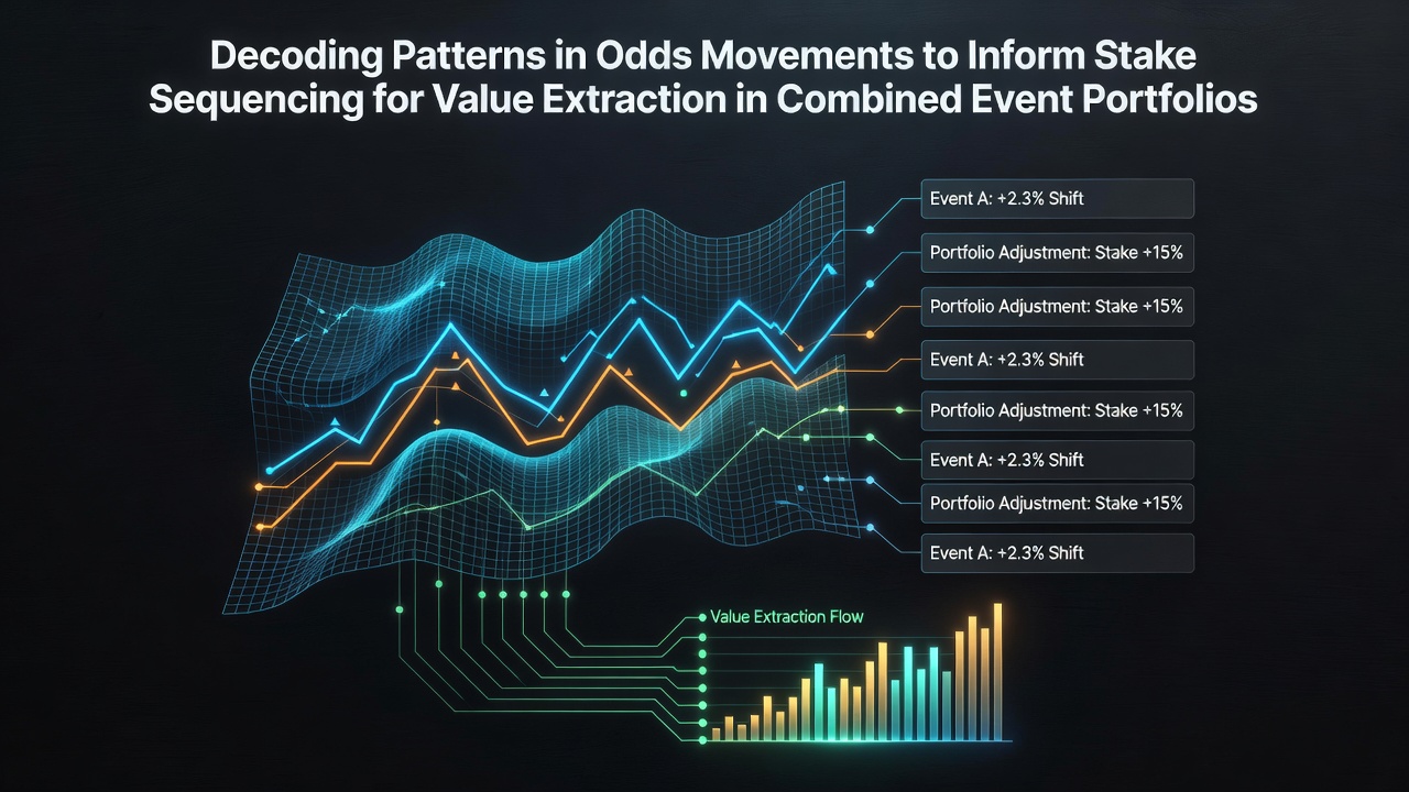 Visual representation of odds movement charts and stake sequencing graphs for multi-event betting portfolios