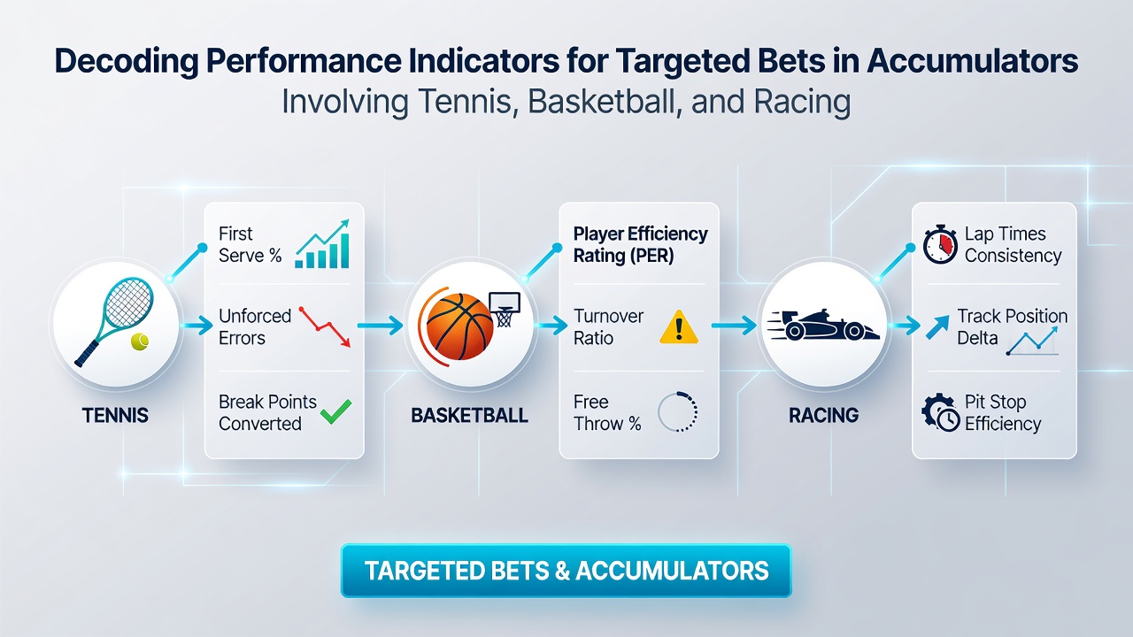 Performance indicators displayed on digital screens showing tennis serve stats, basketball efficiency ratings, and racing speed figures for accumulator analysis