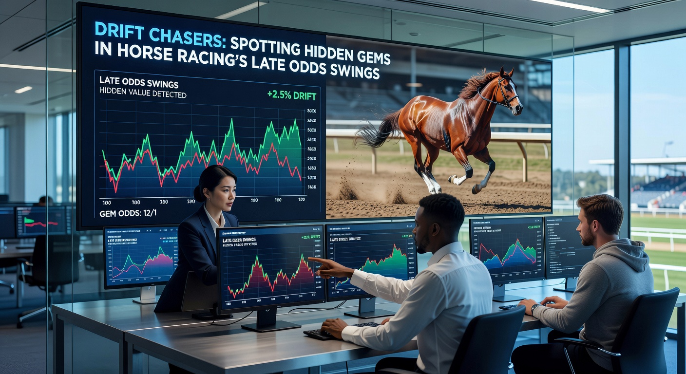 Horse racing starting gate with jockeys poised, odds board flickering in the background as late bets pour in
