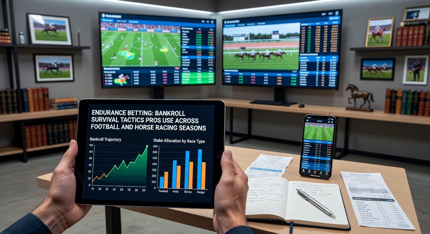 Professional bettor reviewing bankroll charts during a tense football match, highlighting endurance strategies in action