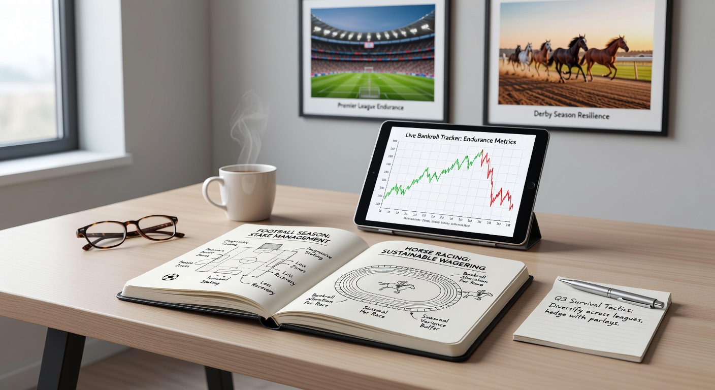 Horse racing track during a high-stakes season, with overlaid graphs showing pro bankroll fluctuations over multiple meets