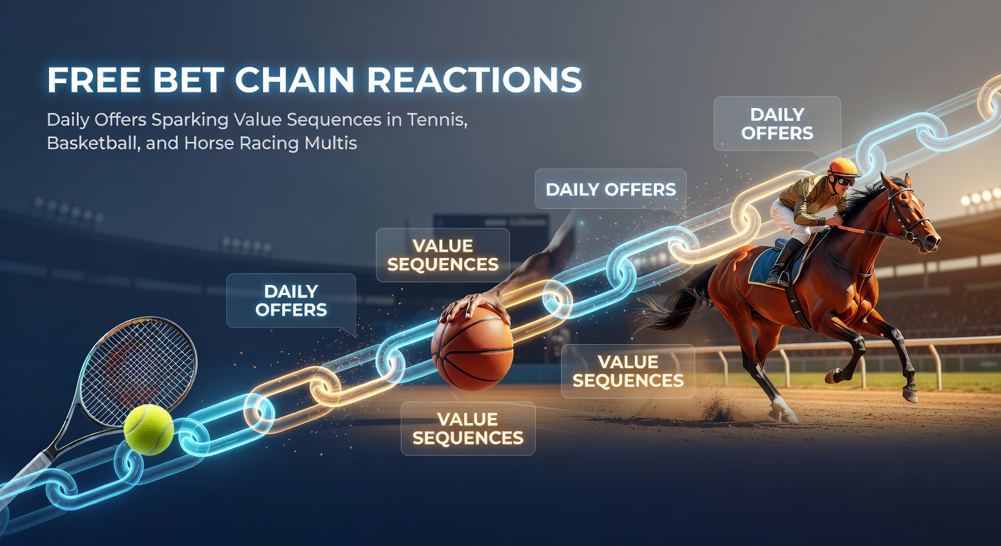 Dynamic graphic showing a chain reaction of free bet tokens exploding into multis across tennis, basketball, and horse racing icons