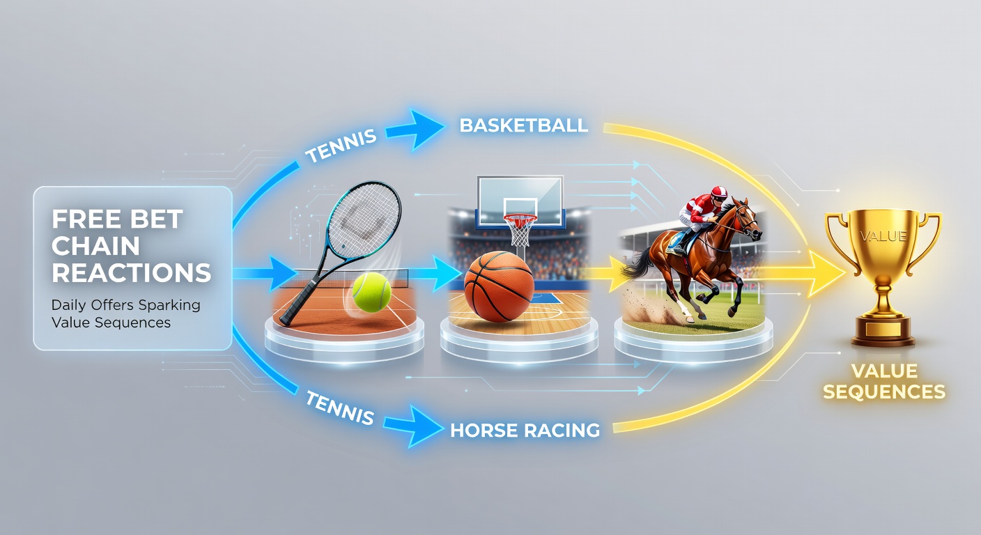 Illustration of cascading free bets transforming into glowing multi-leg accumulators featuring tennis rackets, basketball hoops, and galloping horses