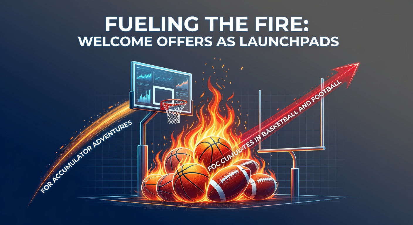 Basketball players in action during a high-stakes game, with overlaid graphics showing accumulator bet slips and welcome bonus icons