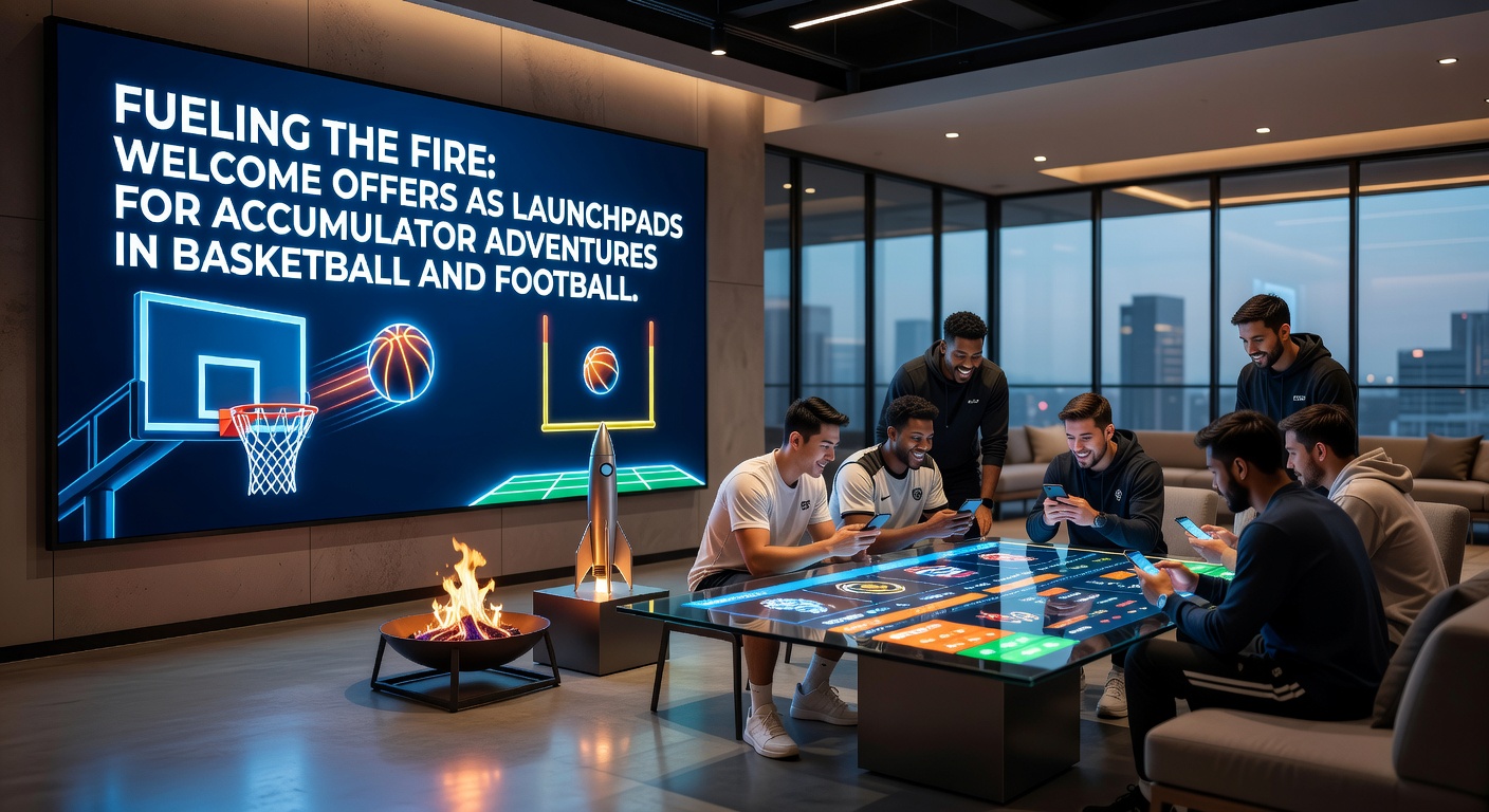 Football match scene with players celebrating a goal, acca bet builder interface visible, and welcome offer promotions highlighted