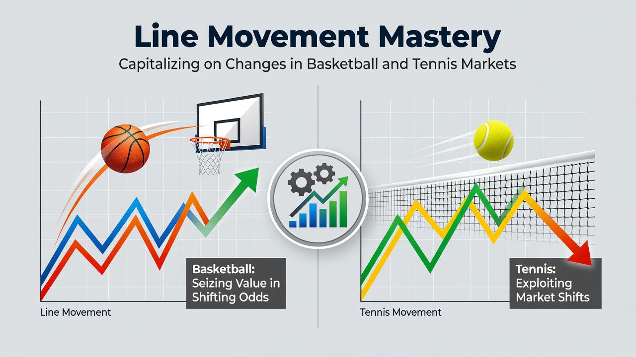 Basketball court and tennis court side by side showing betting line indicators and odds boards