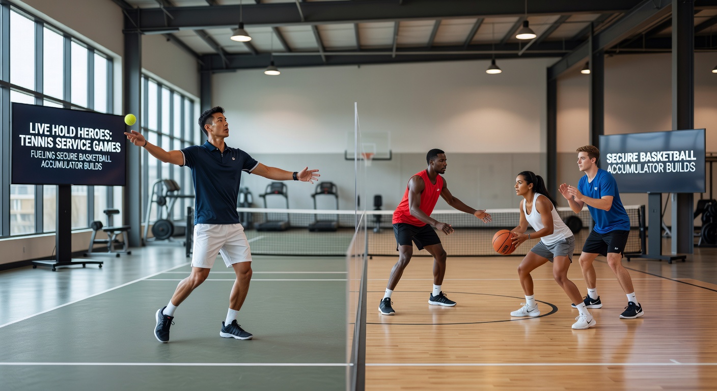 Dynamic split-screen view of a tennis serve hold and a basketball fast break, illustrating the synergy in accumulator betting strategies