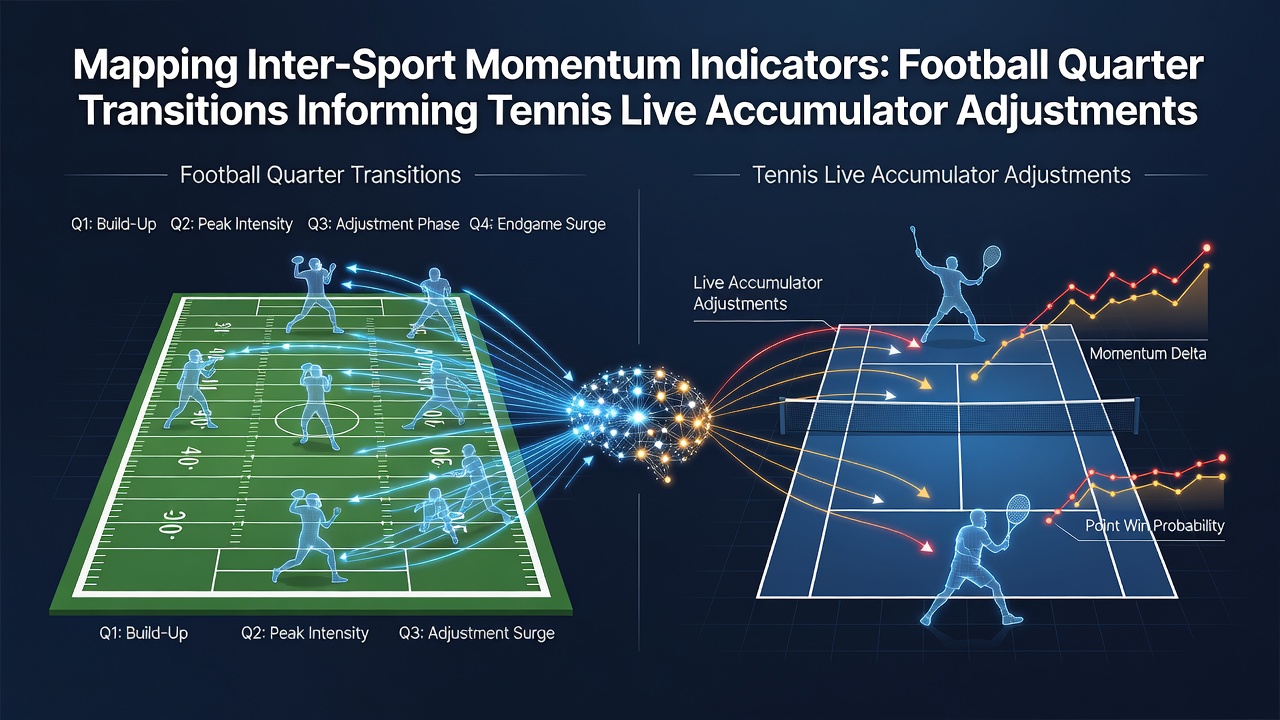 Visual representation of momentum indicators across football quarters and tennis matches with data overlays
