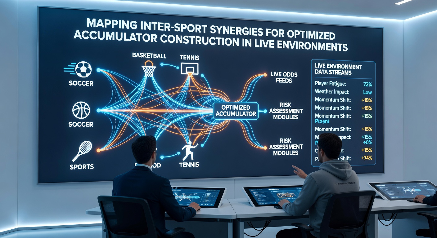 Diagram illustrating live accumulator construction using mapped synergies between football, tennis, and basketball events