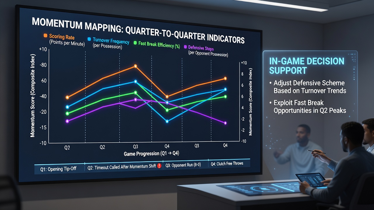 Coaching staff reviewing tablet data during basketball timeout with quarter momentum charts visible