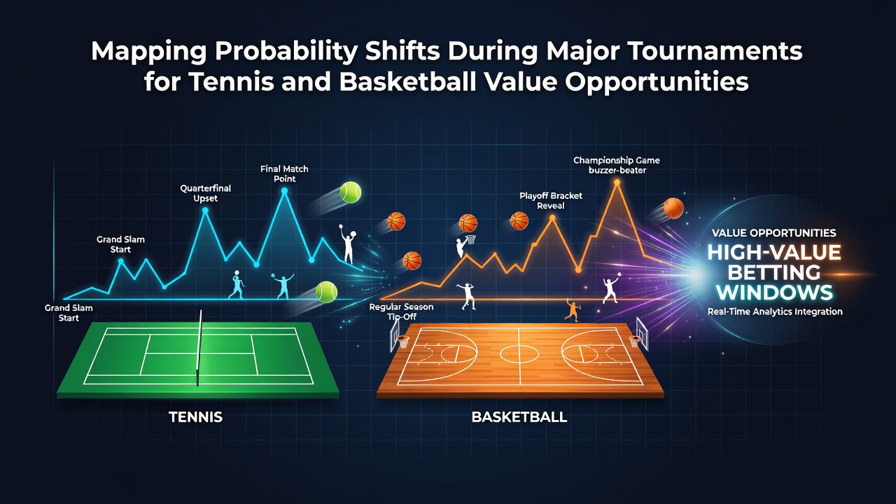 Tennis player serving during a major tournament with overlaid probability charts showing odds movement