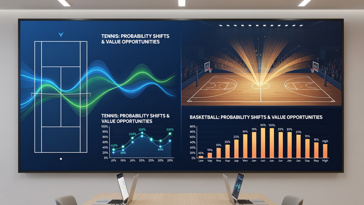 Basketball game action with probability mapping overlays during a tournament quarter