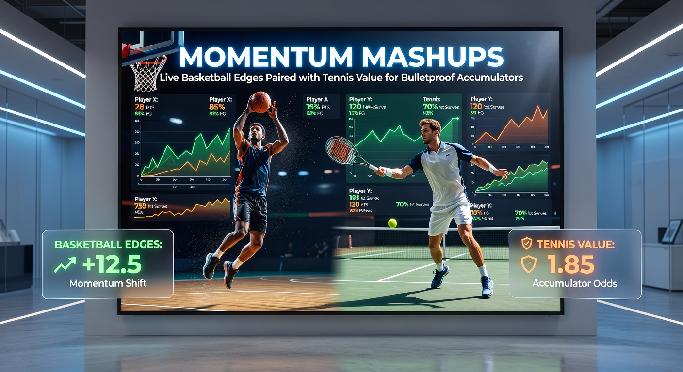 Dynamic action shot of a basketball player driving to the hoop during a momentum surge, overlaid with tennis court lines symbolizing paired betting strategies