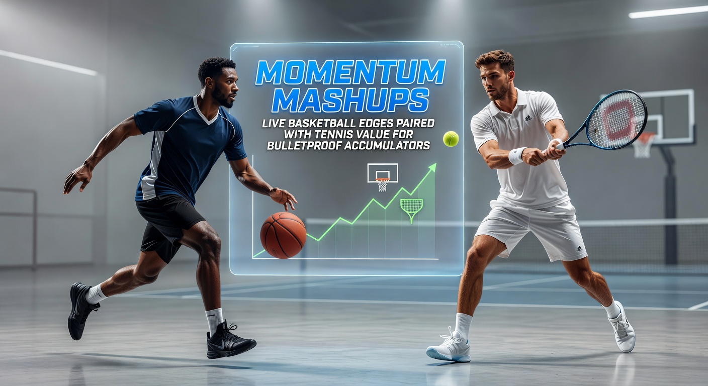 Split-image graphic showing a tennis player acing a serve alongside a basketball team on a fast-break run, illustrating the momentum-value fusion in accumulators