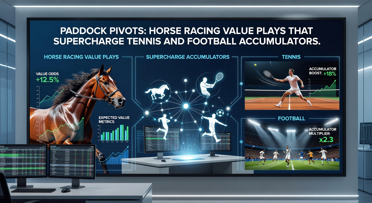A digital betting slip showing a combined accumulator with horse racing, tennis match, and football fixture selections