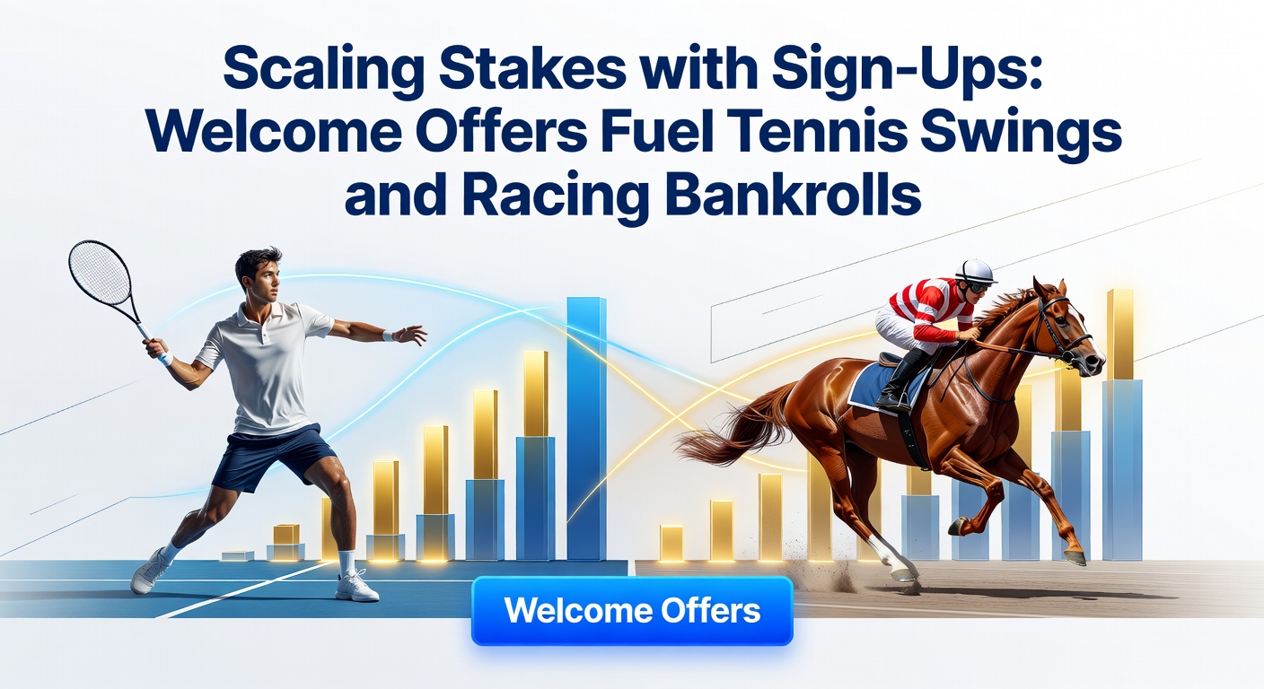 Tennis player serving on clay court with overlaid betting odds and horse racing track in background, illustrating welcome offer boosts
