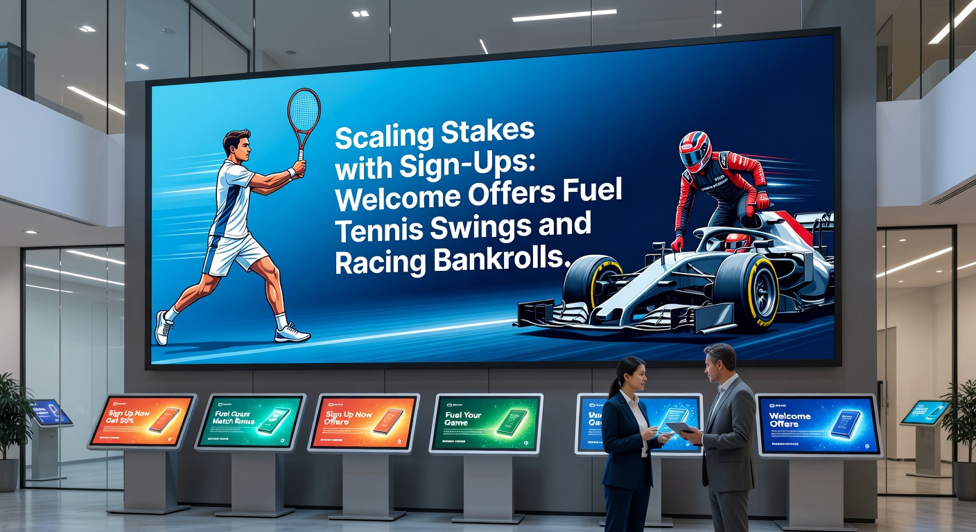Horse racing starting gates with jockeys and digital overlay of tennis scoreboard plus welcome bonus icons, capturing stake-scaling synergy