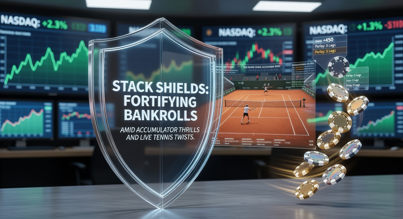 Visual representation of a fortified bankroll stack shielding against betting volatility in accumulators and live tennis action
