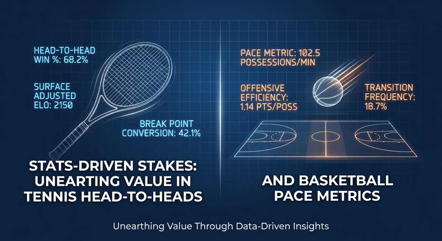 Tennis players locked in a intense rally on clay court, with basketball players sprinting down the floor in the background, highlighting stats-driven betting insights