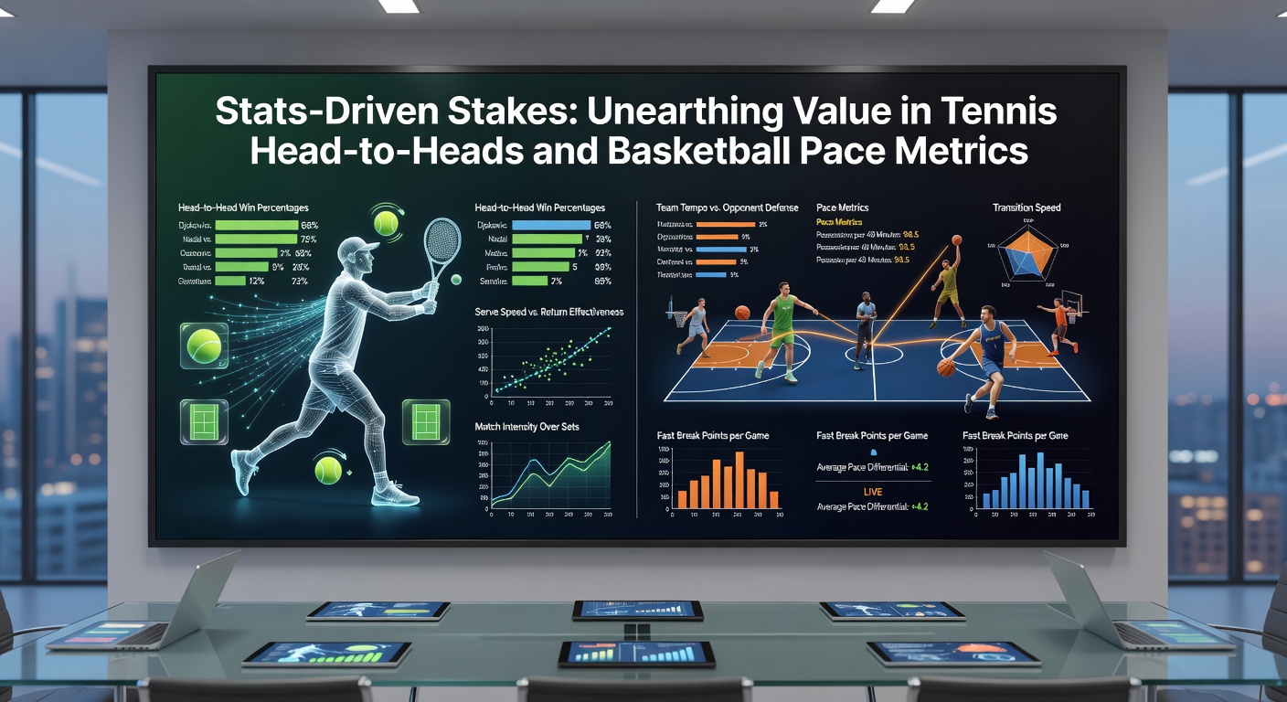 Close-up of a basketball pace chart overlaid on a tennis scoreboard, illustrating key metrics for head-to-heads and tempo analysis in betting